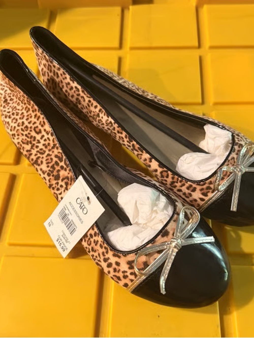 Cato Leopard-Print Ballet Flats with Black Cap Toe and Silver Bow